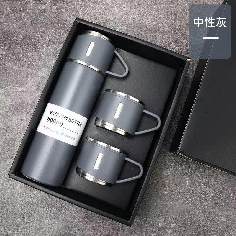 Coffee Thermos 500ml Water Bottle Portable Thermal Travel Sports Mug In-Car Insulated Cup Stainless Steel Vacuum Flasks Double Layer Stainless Steel Vacuum Flask Set with 3 Cups Including Lid