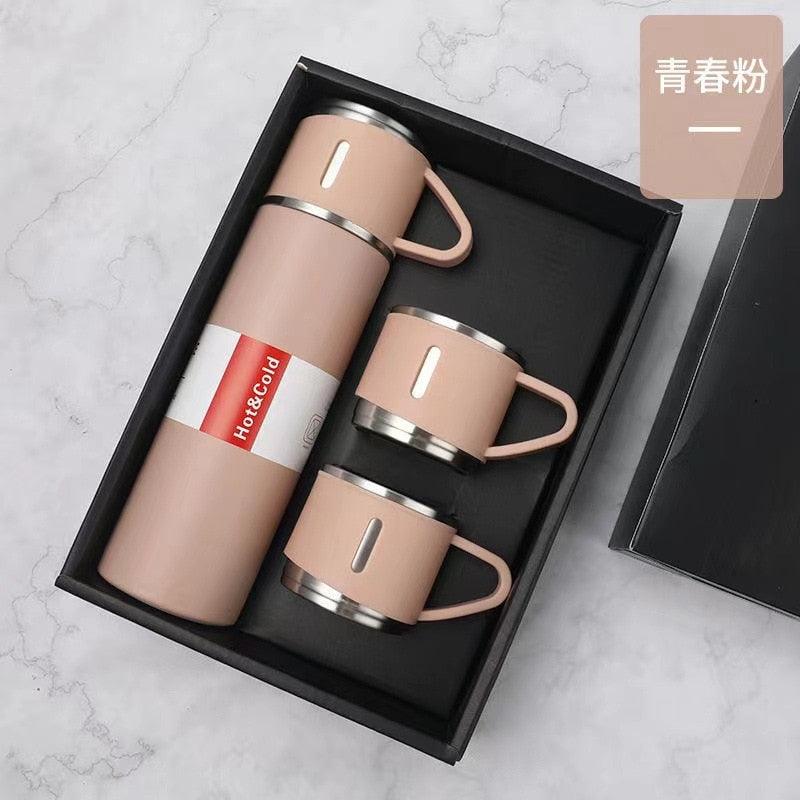 Coffee Thermos 500ml Water Bottle Portable Thermal Travel Sports Mug In-Car Insulated Cup Stainless Steel Vacuum Flasks Double Layer Stainless Steel Vacuum Flask Set with 3 Cups Including Lid