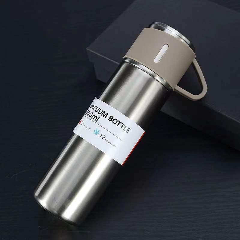 Coffee Thermos 500ml Water Bottle Portable Thermal Travel Sports Mug In-Car Insulated Cup Stainless Steel Vacuum Flasks Double Layer Stainless Steel Vacuum Flask Set with 3 Cups Including Lid