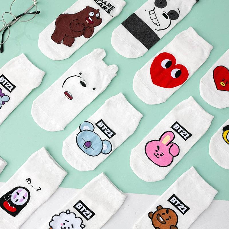 Comfortable Cotton White Cartoon Panda Heart Bear Pattern Socks Kawaii Cute Anime Style Invisible Ankle Socks Funny Boat Socks For Men And Women