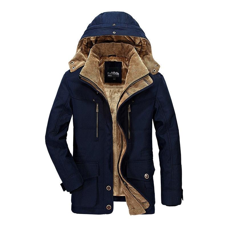 Comfortable Dark Blue Men's Casual Jacket Fashion Winter Male Thick Overcoat Stylish New Design Hooded Jacket Warm Winter Jacket For Men Soft Cotton Jackets Winter Snow Warm Jackets With Hood