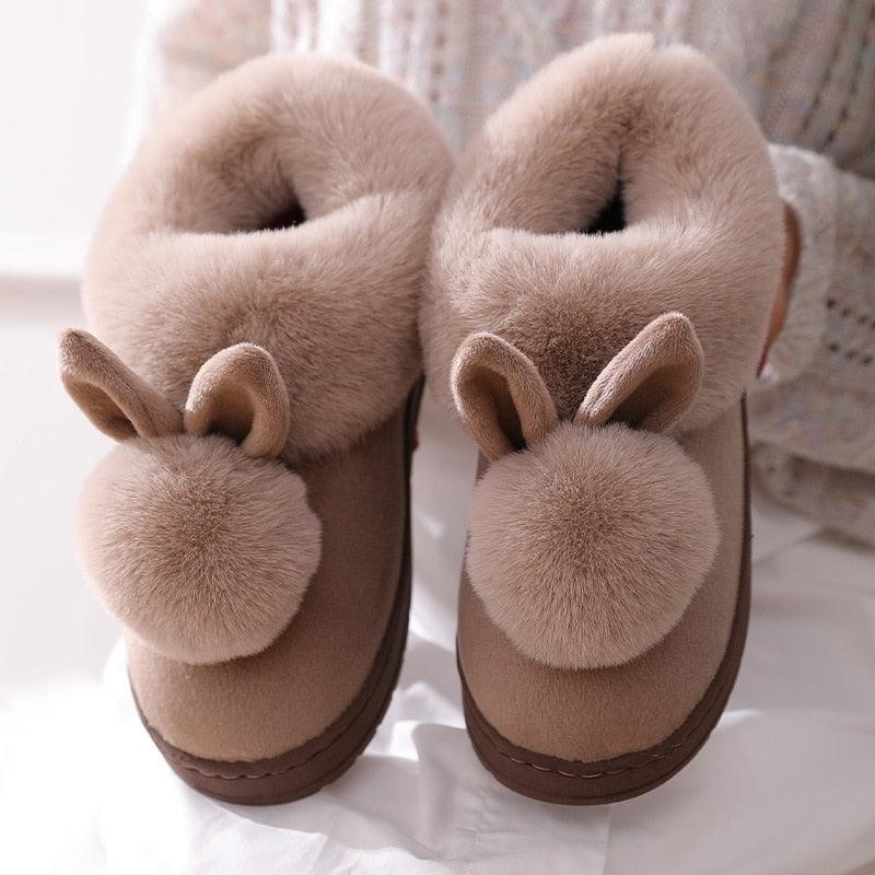 Comfortable Fashion Autumn Winter Cotton Slippers Rabbit Ear Home Indoor Slippers Winter Warm Shoes Womens Cute Plush Slippers Warm Indoor Slippers For Women Fleece Plush Bedroom Winter Boots