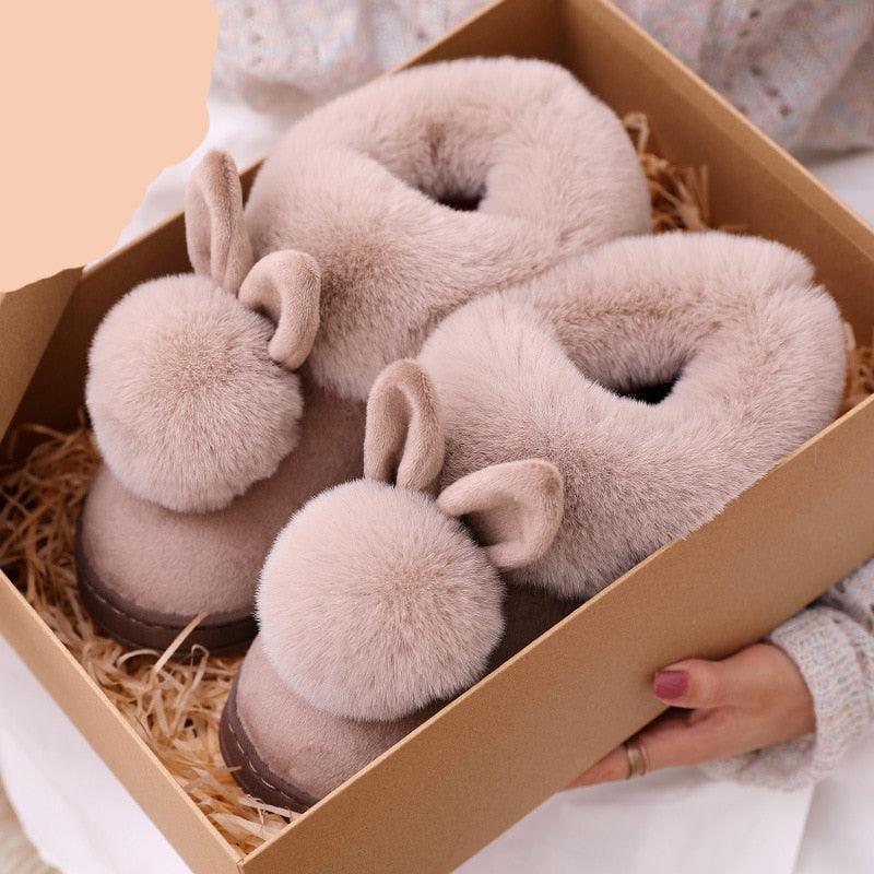 Comfortable Fashion Autumn Winter Cotton Slippers Rabbit Ear Home Indoor Slippers Winter Warm Shoes Womens Cute Plush Slippers Warm Indoor Slippers For Women Fleece Plush Bedroom Winter Boots