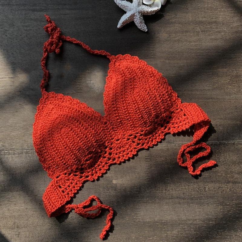 Comfortable Summer Beach Beachwear Bikini Bra Breathable Bikini Swimsuit Women Beach Crochet Crop Summer Halter Tank Top Beach Knit Casual New Fashion Halter Knitted Bra