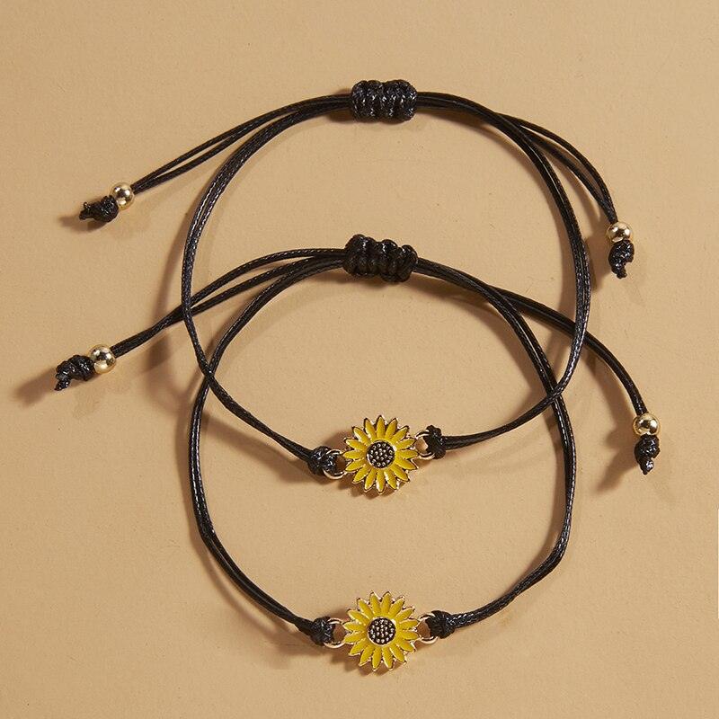 Cotton Cord Sunflower Bracelets Handmade Braided With Black Rope Charm Friendship Wish Card Surf Bangle Couples 2pcs/set Handmade Promise Adjustable Bracelets Matching Friendship Bracelet