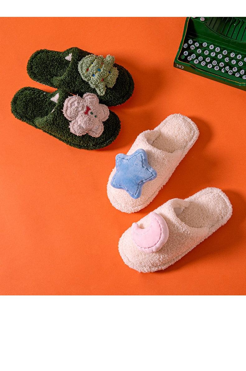 Cotton Slippers Cute Princess Style Home Indoor Warm Non-Slip Thick-Soled Couple Slippers Home Winter Cotton Slippers Warm Cotton Knit Memory Foam Slippers Soft Yarn House Slippers