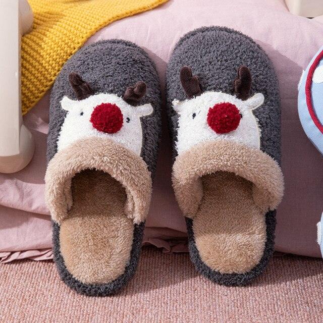 Cotton Slippers Winter Cute Couple Soft Bottom Indoor Non-slip Home Furry Shoes Christmas Deer Slippers Plush Fluffy Memory Foam Slip On House Slippers Cozy Warm Winter House Shoes Soft Comfy Anti-Skid Slippers