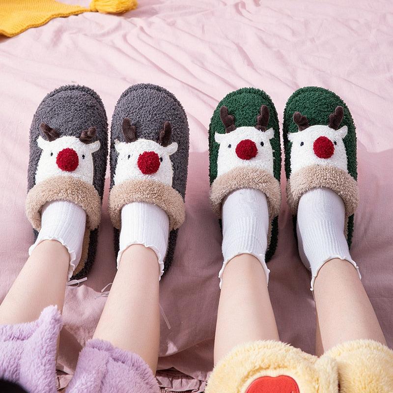 Cotton Slippers Winter Cute Couple Soft Bottom Indoor Non-slip Home Furry Shoes Christmas Deer Slippers Plush Fluffy Memory Foam Slip On House Slippers Cozy Warm Winter House Shoes Soft Comfy Anti-Skid Slippers