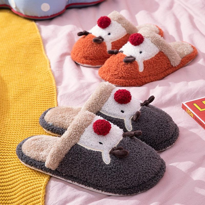 Cotton Slippers Winter Cute Couple Soft Bottom Indoor Non-slip Home Furry Shoes Christmas Deer Slippers Plush Fluffy Memory Foam Slip On House Slippers Cozy Warm Winter House Shoes Soft Comfy Anti-Skid Slippers