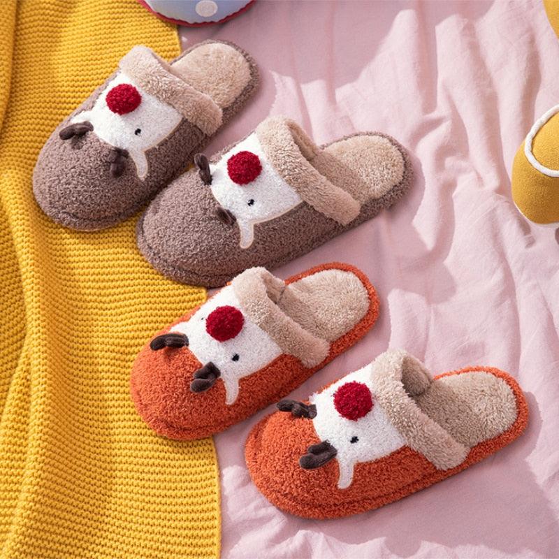 Cotton Slippers Winter Cute Couple Soft Bottom Indoor Non-slip Home Furry Shoes Christmas Deer Slippers Plush Fluffy Memory Foam Slip On House Slippers Cozy Warm Winter House Shoes Soft Comfy Anti-Skid Slippers