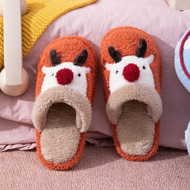 Cotton Slippers Winter Cute Couple Soft Bottom Indoor Non-slip Home Furry Shoes Christmas Deer Slippers Plush Fluffy Memory Foam Slip On House Slippers Cozy Warm Winter House Shoes Soft Comfy Anti-Skid Slippers