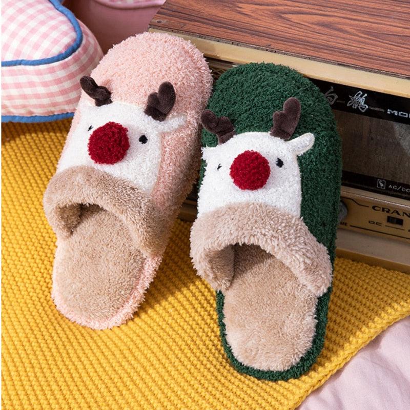 Cotton Slippers Winter Cute Couple Soft Bottom Indoor Non-slip Home Furry Shoes Christmas Deer Slippers Plush Fluffy Memory Foam Slip On House Slippers Cozy Warm Winter House Shoes Soft Comfy Anti-Skid Slippers