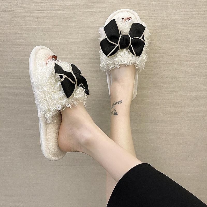 Cotton Slippers Women Autumn And Winter Home Plush Wind Bow Soft Bottom Indoor Outdoor Wear Slippers Fluffy Memory Foam Fur Furry Womens Slippers Cozy Warm Fur Bedroom Slippers