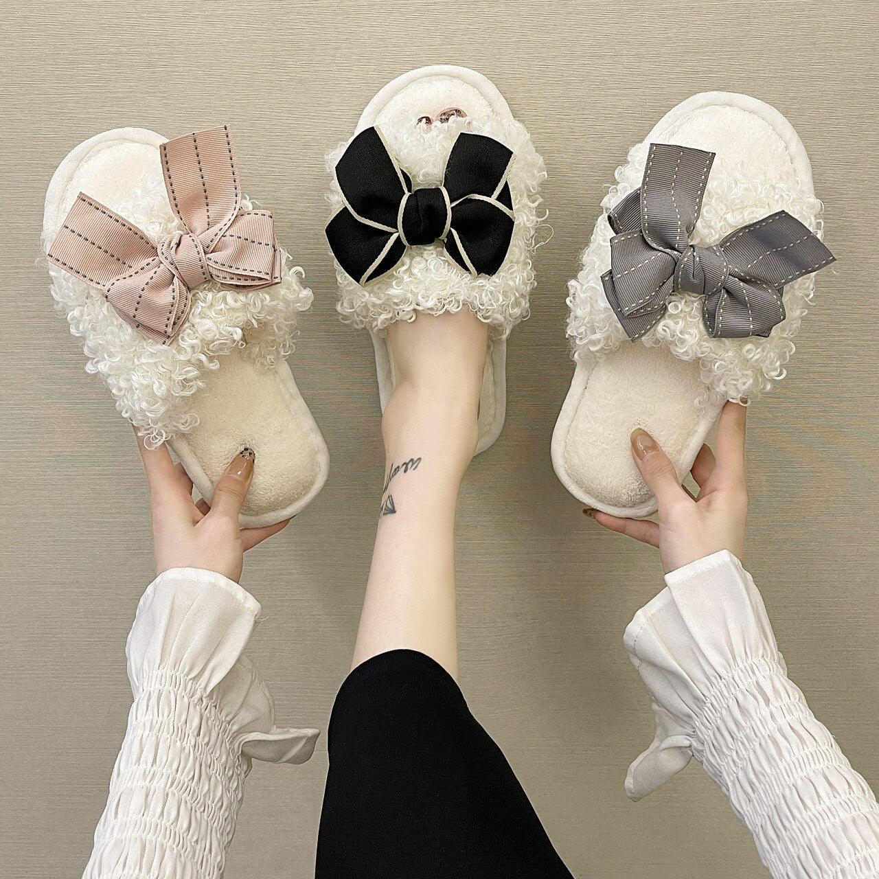 Cotton Slippers Women Autumn And Winter Home Plush Wind Bow Soft Bottom Indoor Outdoor Wear Slippers Fluffy Memory Foam Fur Furry Womens Slippers Cozy Warm Fur Bedroom Slippers