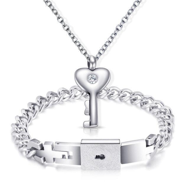 Couple Jewelry Stainless Steel Bracelet Love Heart Lock Bracelets Bangles Key Pendant Necklace Titanium Steel Couples Jewelry Romantic Gift For Valentines Day Birthday Christmas Wedding