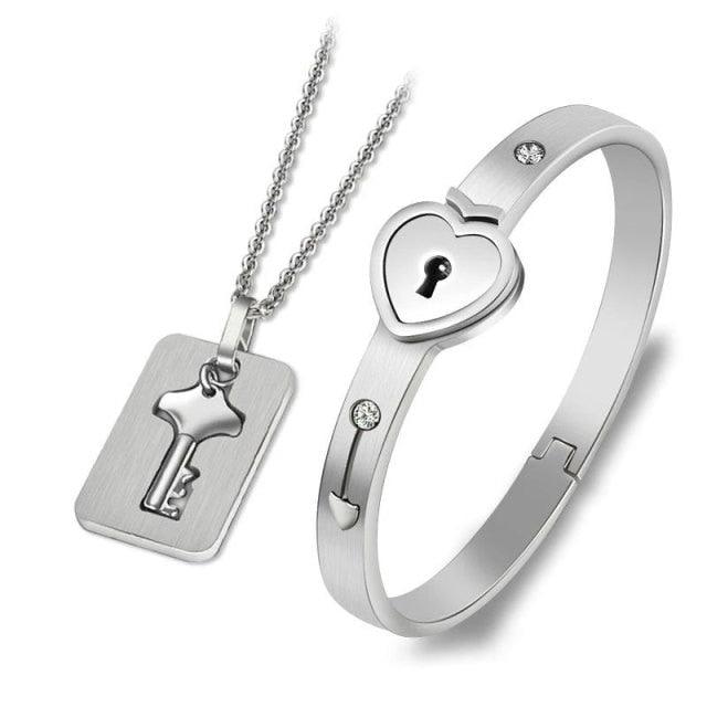 Couple Jewelry Stainless Steel Bracelet Love Heart Lock Bracelets Bangles Key Pendant Necklace Titanium Steel Couples Jewelry Romantic Gift For Valentines Day Birthday Christmas Wedding