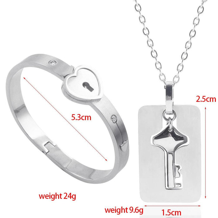 Couple Jewelry Stainless Steel Bracelet Love Heart Lock Bracelets Bangles Key Pendant Necklace Titanium Steel Couples Jewelry Romantic Gift For Valentines Day Birthday Christmas Wedding