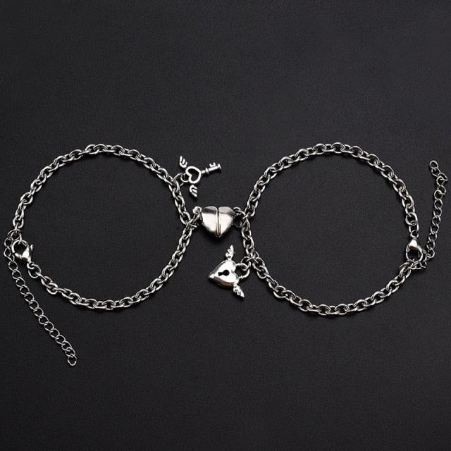 Couples Heart Shaped Magnet Attraction Bracelet Stainless Steel Angel Wing Lock Chain Heart Shape Magnet Charm Matching Magnetic Link Chain Bracelet For Women Men Gift For Valentines Day