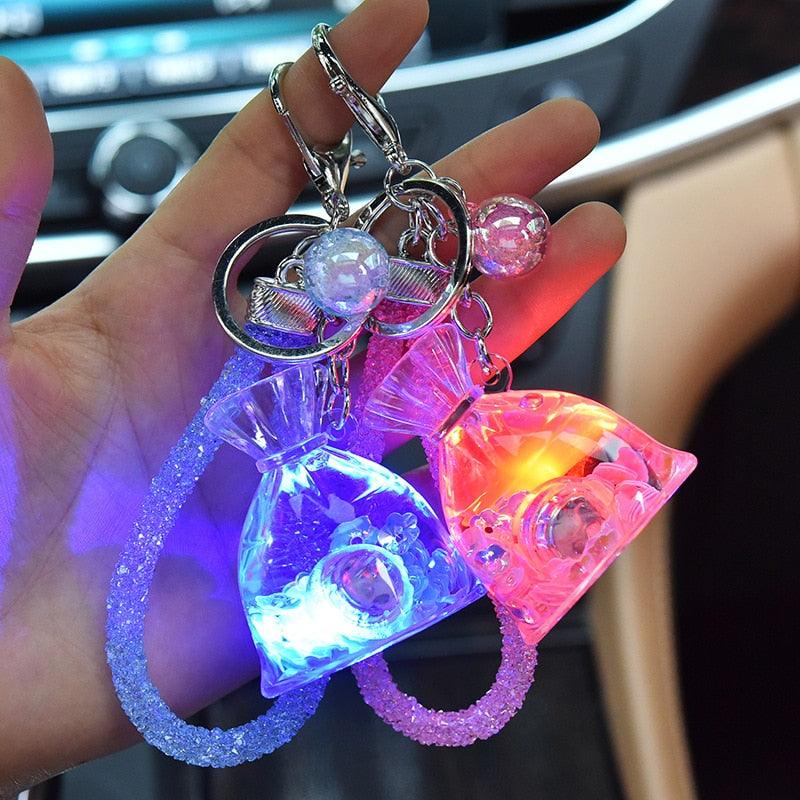 Creative Cute Oily Quicksand Keychain Luminous Money Bag Pendant Keychain Keyring with Light Lucky Bag Keychain Net Red Acrylic Cartoon Luminous Pocket Money Bag Pendant