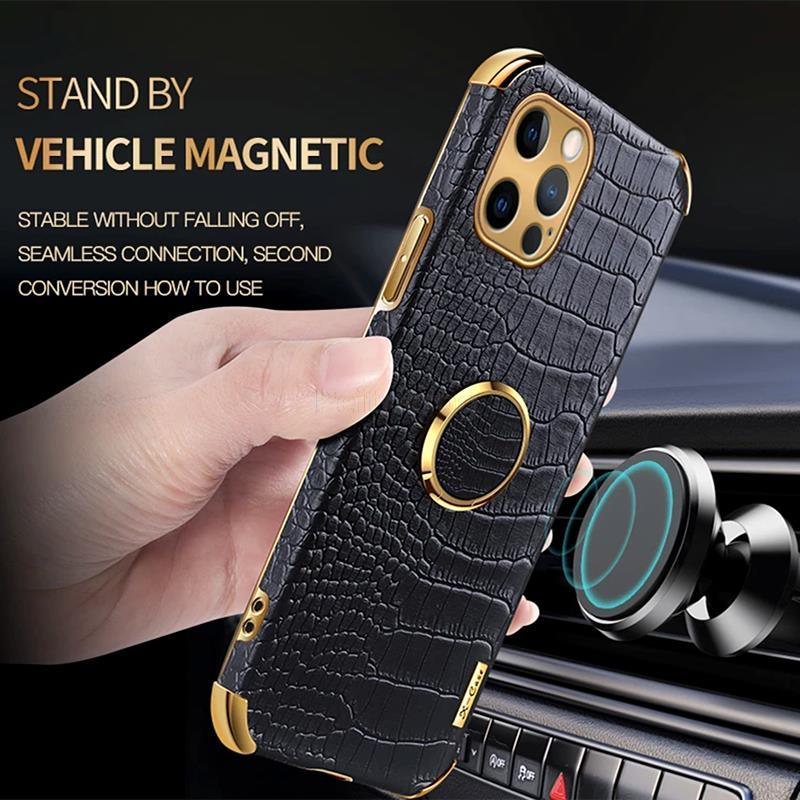 Crocodile Leather Case For iPhone 13 12 Mini Shockproof Magnetic Ring Holder Phone Cover Ultra-thin Soft Crocodile Leather Shockproof Bumper With Ring Bracket Protective Cover for iPhone