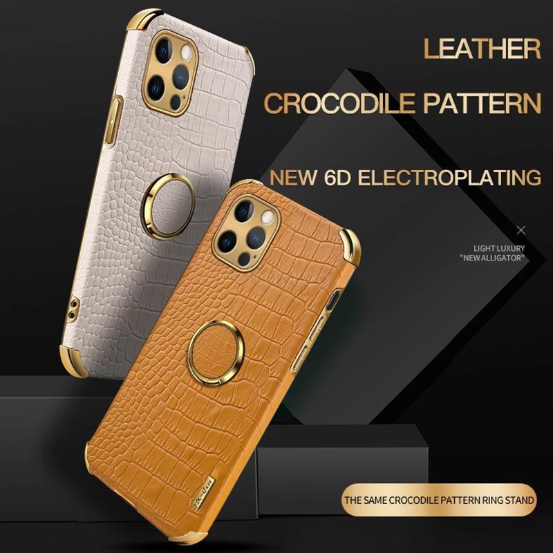 Crocodile Leather Case For iPhone 13 12 Mini Shockproof Magnetic Ring Holder Phone Cover Ultra-thin Soft Crocodile Leather Shockproof Bumper With Ring Bracket Protective Cover for iPhone