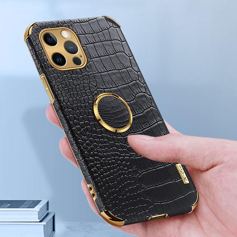 Crocodile Leather Case For iPhone 13 12 Mini Shockproof Magnetic Ring Holder Phone Cover Ultra-thin Soft Crocodile Leather Shockproof Bumper With Ring Bracket Protective Cover for iPhone