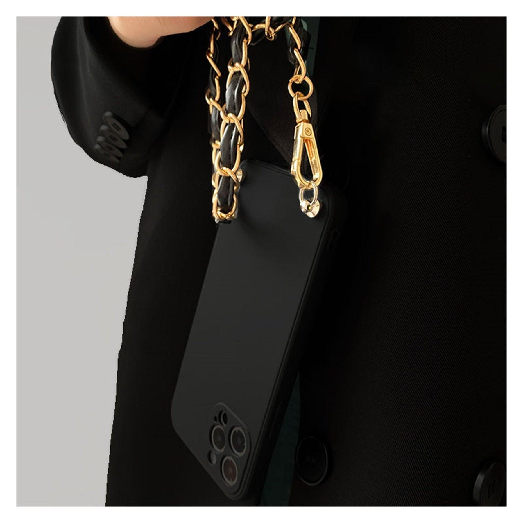 Crossbody Necklace Phone Case for Xiaomi Redmi Note 11 10 9 Pro 11s 10s 9T Mi 11T 10T Strap Leather Bracelet Chain Cover Crossbody Phone Case Black Leather with Gold Chain Unique Design Leather Phone Case