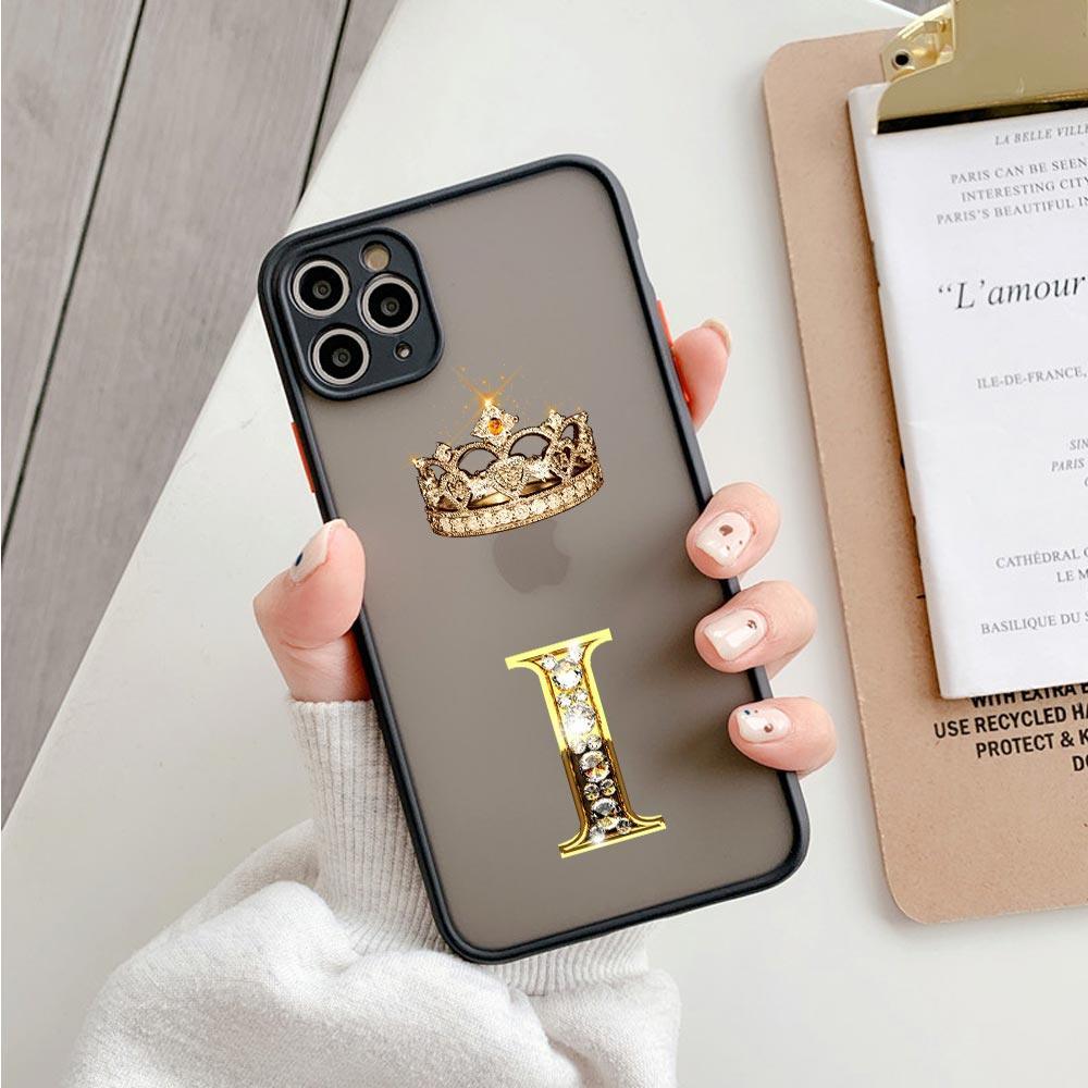 Crown Golden Diamond Initial Letter A I J L M Matte Case For iPhone 13 14 12 11 Pro Max XR XS X 7 8 Plus Clear Bling Plating Letter Love Pattern Phone Case for Women Girl