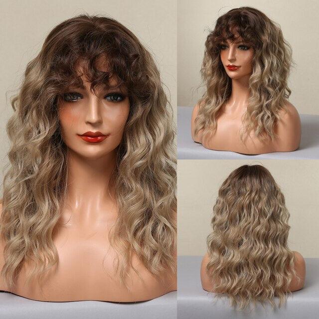 Curly Synthetic Wigs for White Women Medium Length Ombre Brown Blonde Wigs with Bangs High Temperature Cosplay Hair Wigs For Black Women Halloween Party