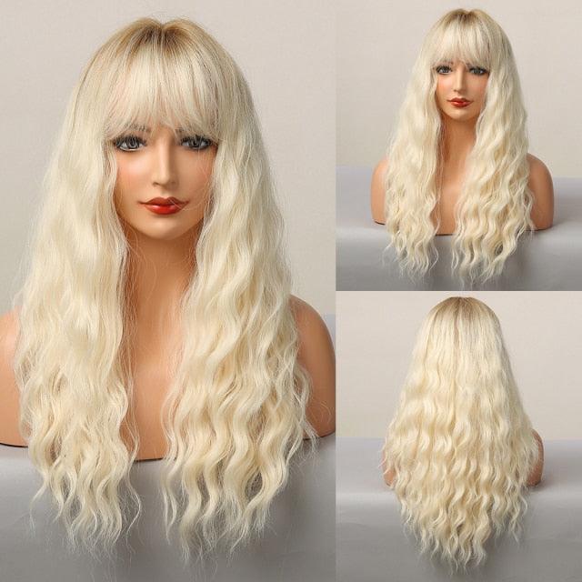 Curly Synthetic Wigs for White Women Medium Length Ombre Brown Blonde Wigs with Bangs High Temperature Cosplay Hair Wigs For Black Women Halloween Party