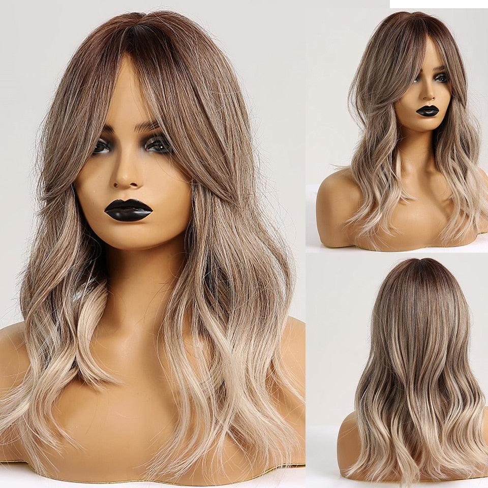 Curly Synthetic Wigs for White Women Medium Length Ombre Brown Blonde Wigs with Bangs High Temperature Cosplay Hair Wigs For Black Women Halloween Party