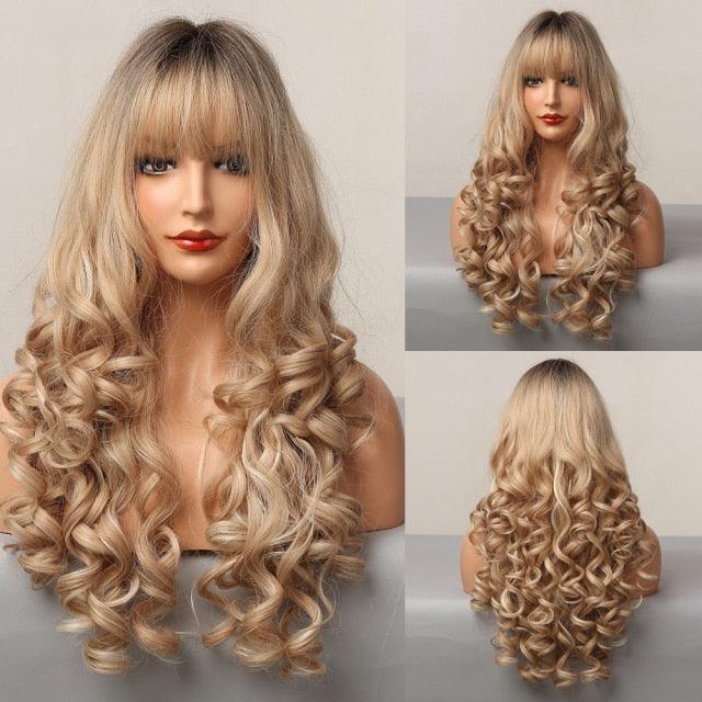 Curly Synthetic Wigs for White Women Medium Length Ombre Brown Blonde Wigs with Bangs High Temperature Cosplay Hair Wigs For Black Women Halloween Party