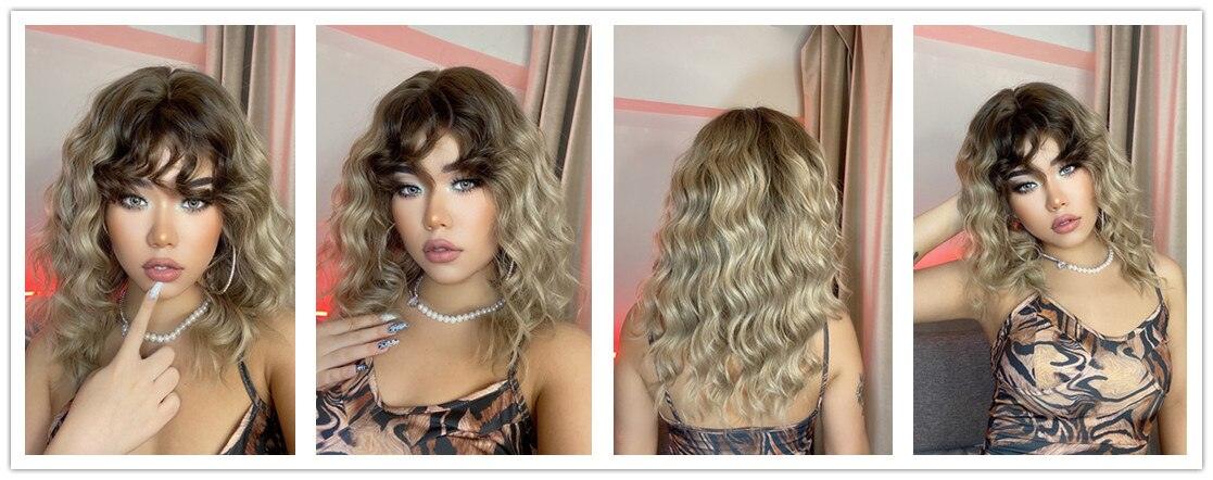 Curly Synthetic Wigs for White Women Medium Length Ombre Brown Blonde Wigs with Bangs High Temperature Cosplay Hair Wigs For Black Women Halloween Party