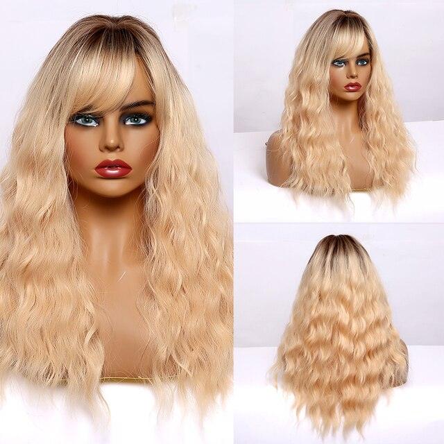 Curly Synthetic Wigs for White Women Medium Length Ombre Brown Blonde Wigs with Bangs High Temperature Cosplay Hair Wigs For Black Women Halloween Party