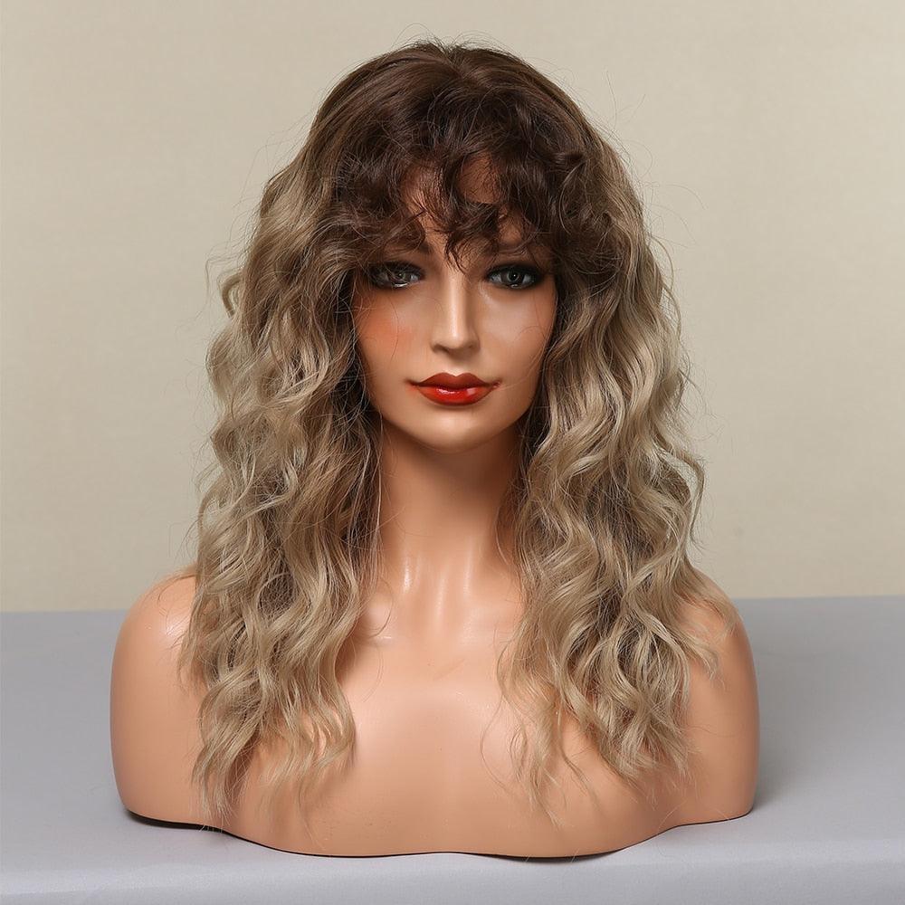 Curly Synthetic Wigs for White Women Medium Length Ombre Brown Blonde Wigs with Bangs High Temperature Cosplay Hair Wigs For Black Women Halloween Party