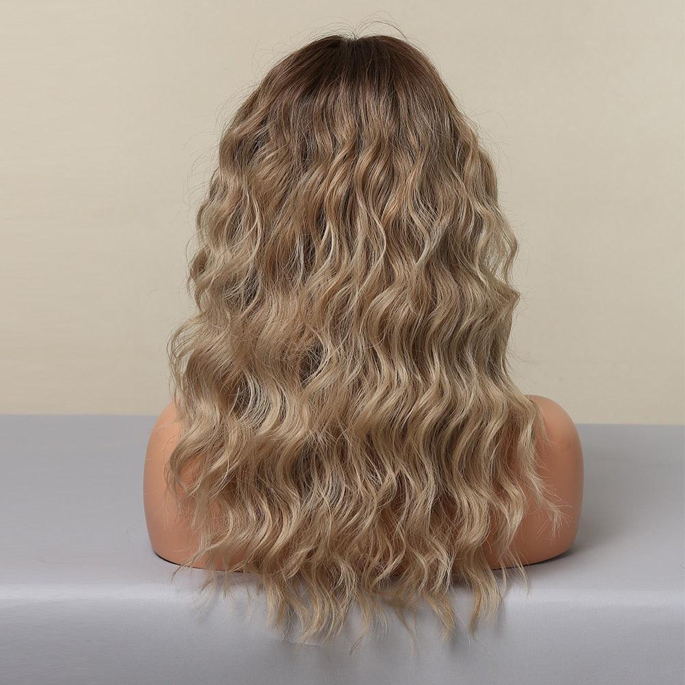 Curly Synthetic Wigs for White Women Medium Length Ombre Brown Blonde Wigs with Bangs High Temperature Cosplay Hair Wigs For Black Women Halloween Party