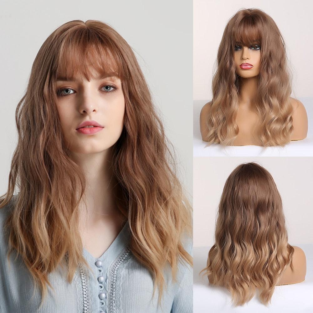 Curly Synthetic Wigs for White Women Medium Length Ombre Brown Blonde Wigs with Bangs High Temperature Cosplay Hair Wigs For Black Women Halloween Party