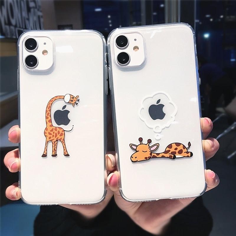 Cute Animal Giraffe Transparent Case For iPhone 13 Pro Max 12 Mini 11 X XS XR 7 8 Plus Couple Clear Soft Crystal Clear Lovely Phone Case Stylish Soft Flexible Cover Shockproof Protective Cases for Girls