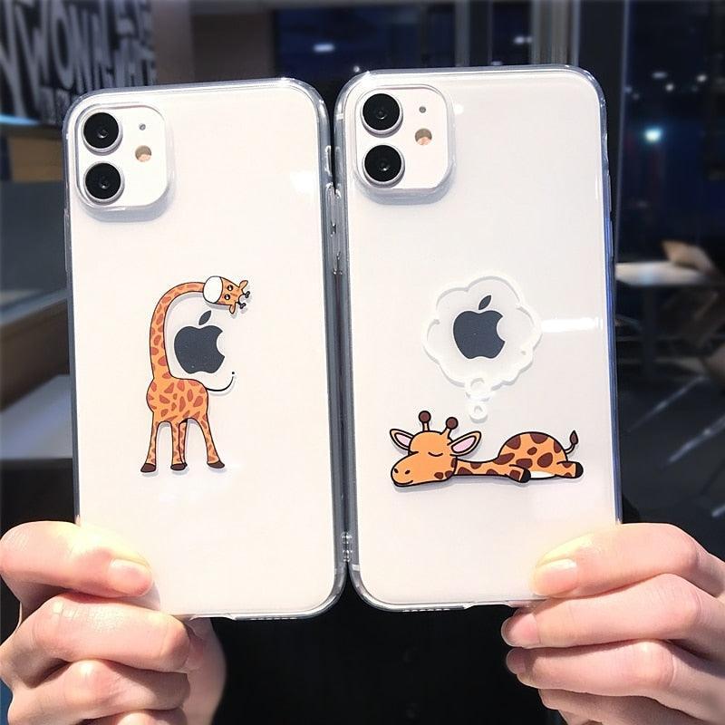 Cute Animal Giraffe Transparent Case For iPhone 13 Pro Max 12 Mini 11 X XS XR 7 8 Plus Couple Clear Soft Crystal Clear Lovely Phone Case Stylish Soft Flexible Cover Shockproof Protective Cases for Girls