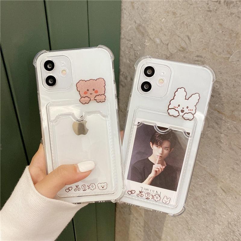 Cute Bear Cartoon Rabbit Shockproof Phone Case For iPhone 11 12 13 14 Pro Funny Soft Wallet Cover Cute Bear Design Soft Slim Card Slot Case Aesthetic Card Holder Case