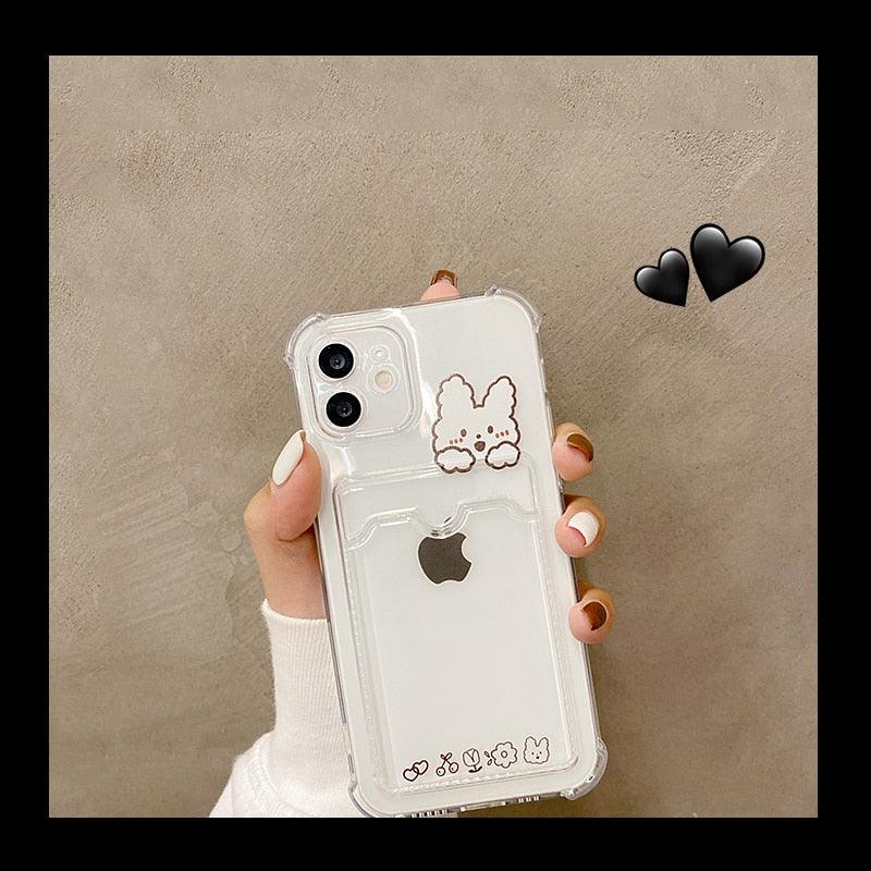 Cute Bear Cartoon Rabbit Shockproof Phone Case For iPhone 11 12 13 14 Pro Funny Soft Wallet Cover Cute Bear Design Soft Slim Card Slot Case Aesthetic Card Holder Case