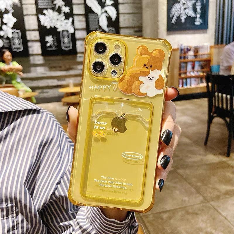 Cute Bear Cartoon Rabbit Shockproof Phone Case For iPhone 11 12 13 14 Pro Funny Soft Wallet Cover Cute Bear Design Soft Slim Card Slot Case Aesthetic Card Holder Case