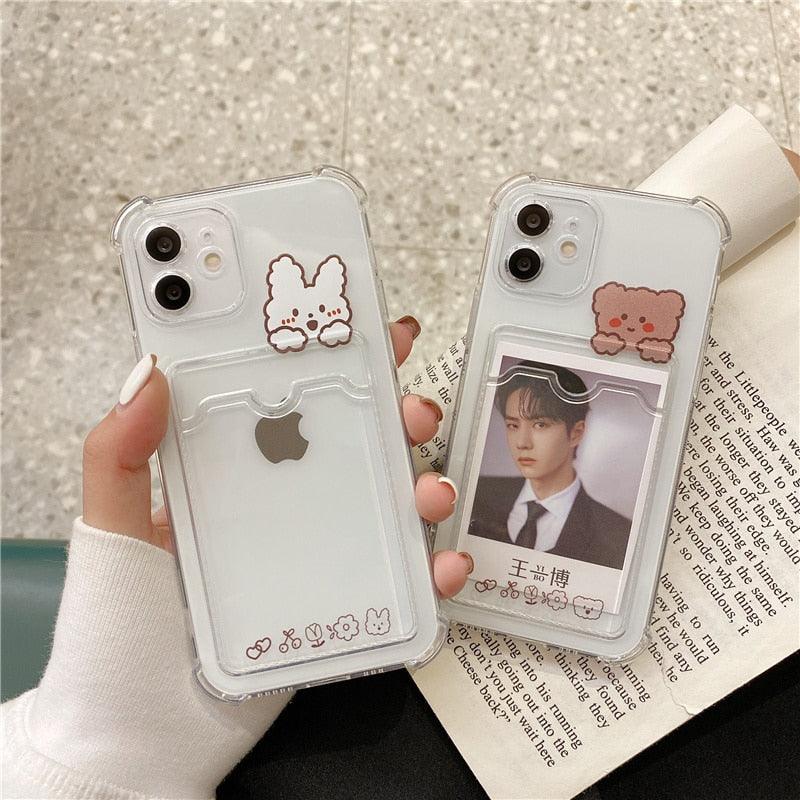 Cute Bear Cartoon Rabbit Shockproof Phone Case For iPhone 11 12 13 14 Pro Funny Soft Wallet Cover Cute Bear Design Soft Slim Card Slot Case Aesthetic Card Holder Case