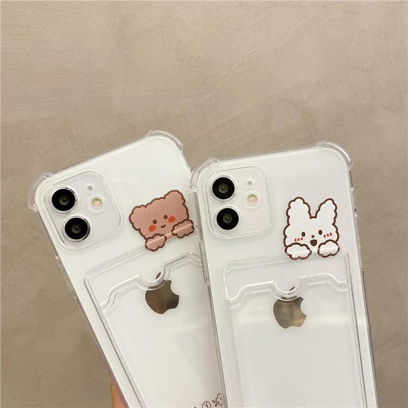 Cute Bear Cartoon Rabbit Shockproof Phone Case For iPhone 11 12 13 14 Pro Funny Soft Wallet Cover Cute Bear Design Soft Slim Card Slot Case Aesthetic Card Holder Case