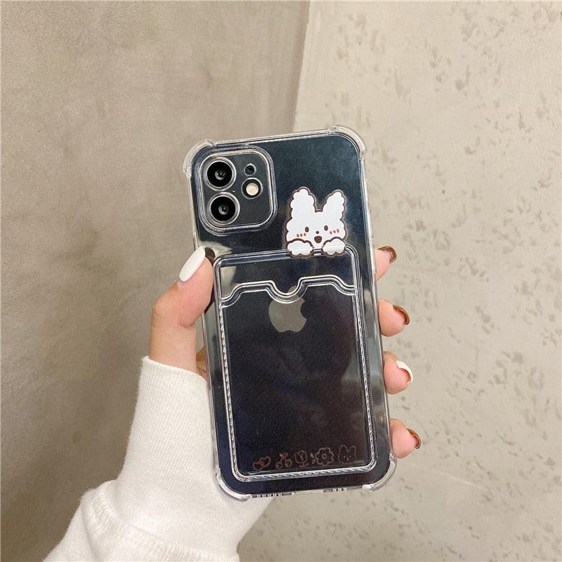 Cute Bear Cartoon Rabbit Shockproof Phone Case For iPhone 11 12 13 14 Pro Funny Soft Wallet Cover Cute Bear Design Soft Slim Card Slot Case Aesthetic Card Holder Case