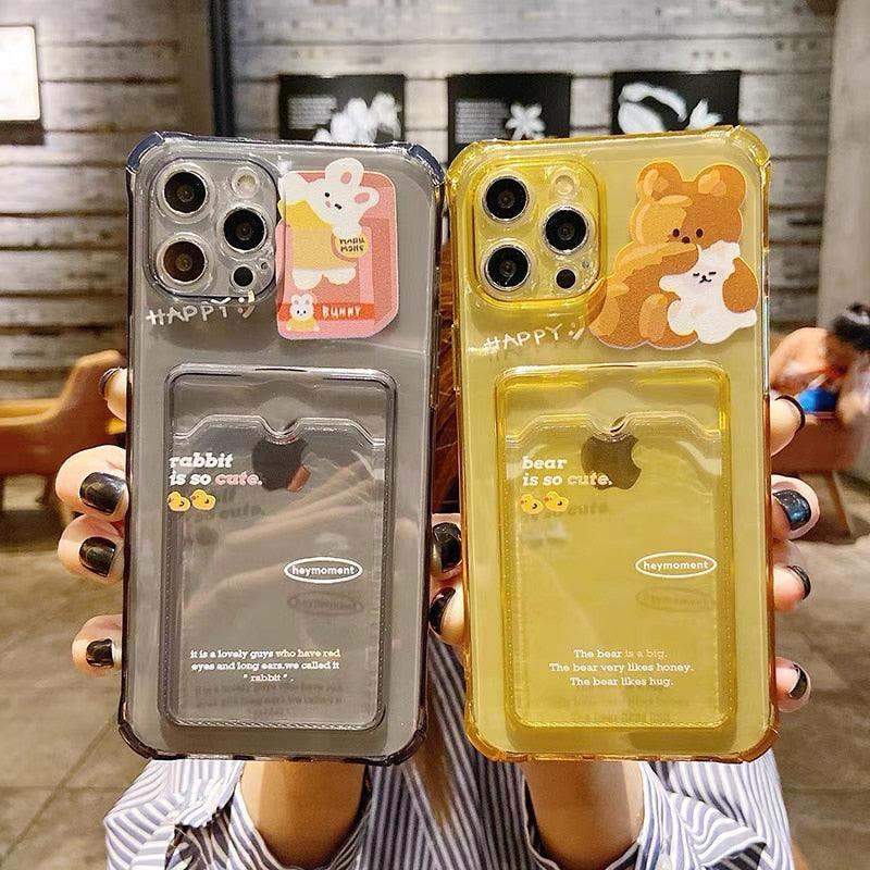 Cute Bear Cartoon Rabbit Shockproof Phone Case For iPhone 11 12 13 14 Pro Funny Soft Wallet Cover Cute Bear Design Soft Slim Card Slot Case Aesthetic Card Holder Case