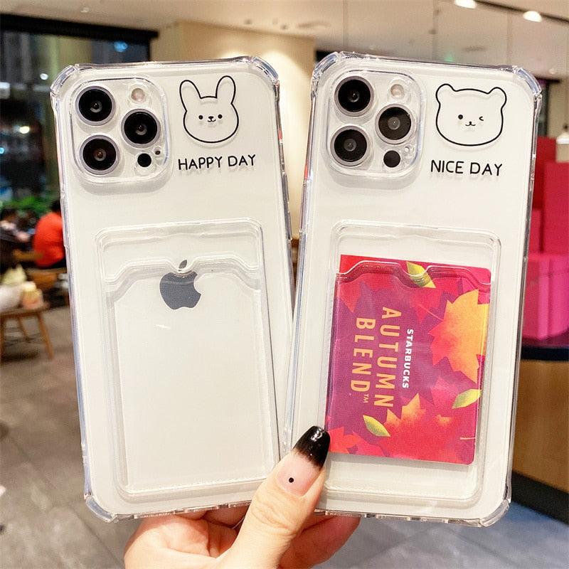 Cute Bear Cartoon Rabbit Shockproof Phone Case For iPhone 11 12 13 14 Pro Funny Soft Wallet Cover Cute Bear Design Soft Slim Card Slot Case Aesthetic Card Holder Case