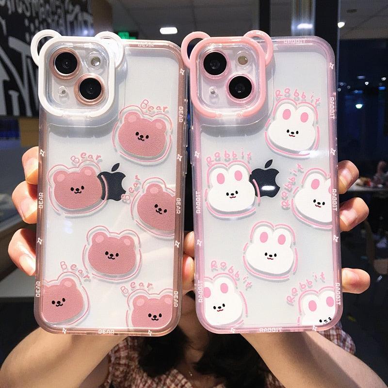 Cute Bear Rabbit Phone Case For iPhone 14 Pro Max 12 11 XR X XS 14 Plus Transparent Soft Shockproof Case with Cute Bear Cartoon Pattern for Women Girls Soft Silicone Protective for iPhone