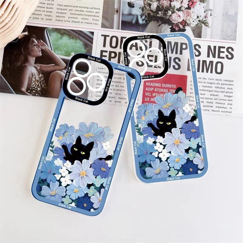 Cute Black Cat Clear Phone Case for iPhone 11 12 13 14 Pro MAX X XR XS Flowers for iPhone 7 8 Plus SE Back Covers Silicone Black with Pattern Ultra Slim Shockproof Soft Gel Back Cover Protective Bumper Skin