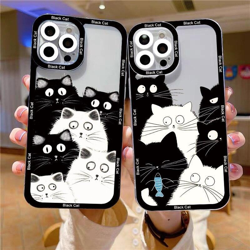 Cute Black Cat Clear Phone Cases for iphone 8 7 Plus SE XR X XS 13 12 11 14 Pro MAX Cute Black Cat for Women Girls Kids Clear Cute Shockproof Back Protective Cover for iPhone